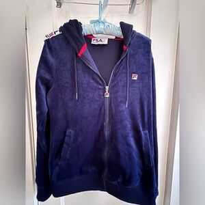 FILA Velour Hoodie Full Zip Long Sleeve Women’s Navy Blue SZ M Retro Y2K style